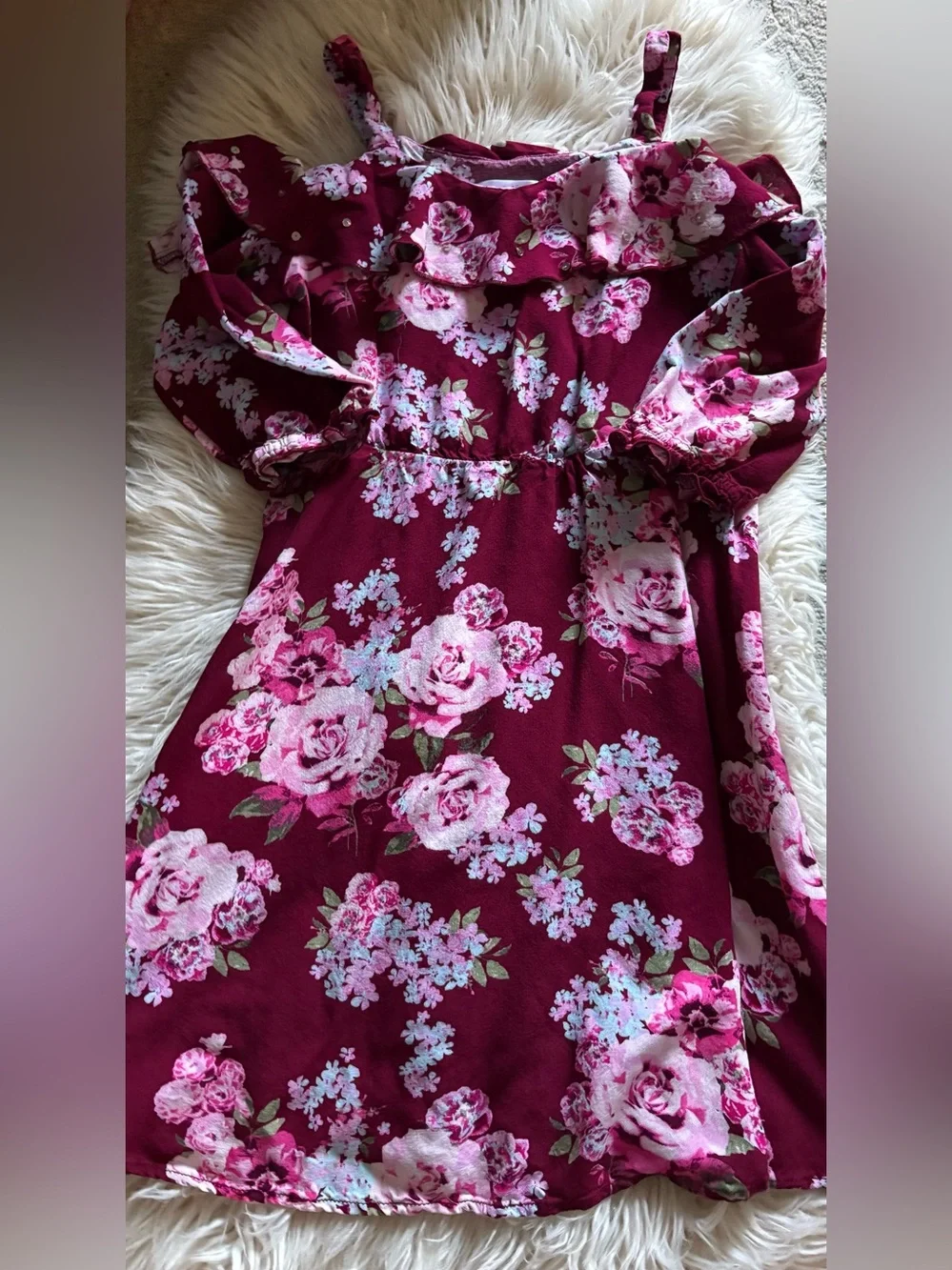Girls Justice Tunic Dress Sz 10 Burgundy Floral Cold Shoulder Sequins EUC Fall